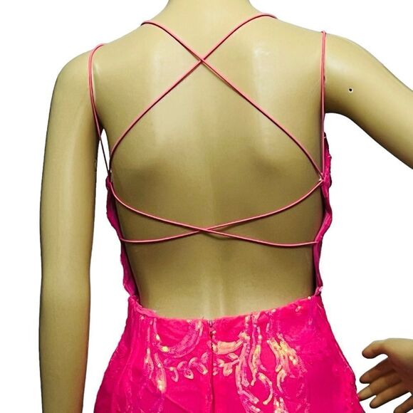 B. Darlin Pink Dress Pattern Sequin V-Neck Spaghetti Straps Maxi Gown 3-4 - Picture 11 of 16